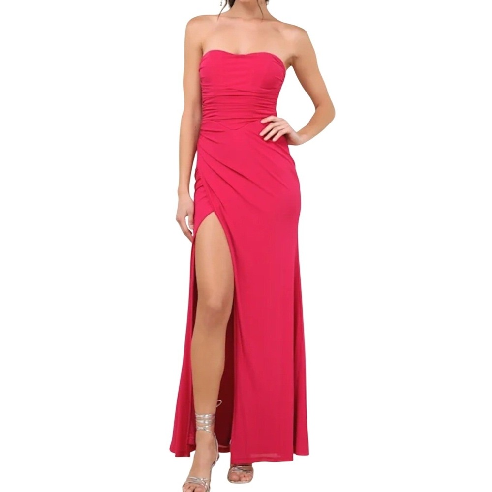 NWT‎ Lulus Epitome of Allure Fuchsia Mesh Strapless Ruched Maxi Dress XL Slit